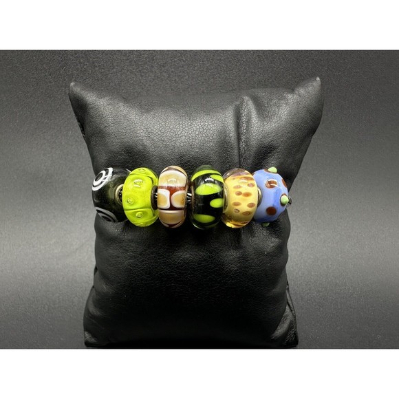 Trollbeads LAA Sterling Silver Charm Bracelet 6 Glass Lampwork Beads 6 Inch - Picture 3 of 12
